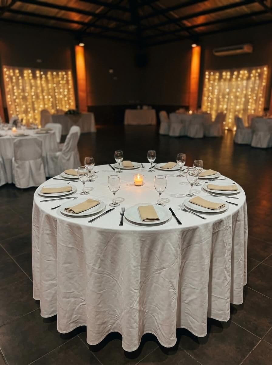 Mesa redonda para 8 personas con mantel blanco hasta el piso, platos, copas y una vela en el centro